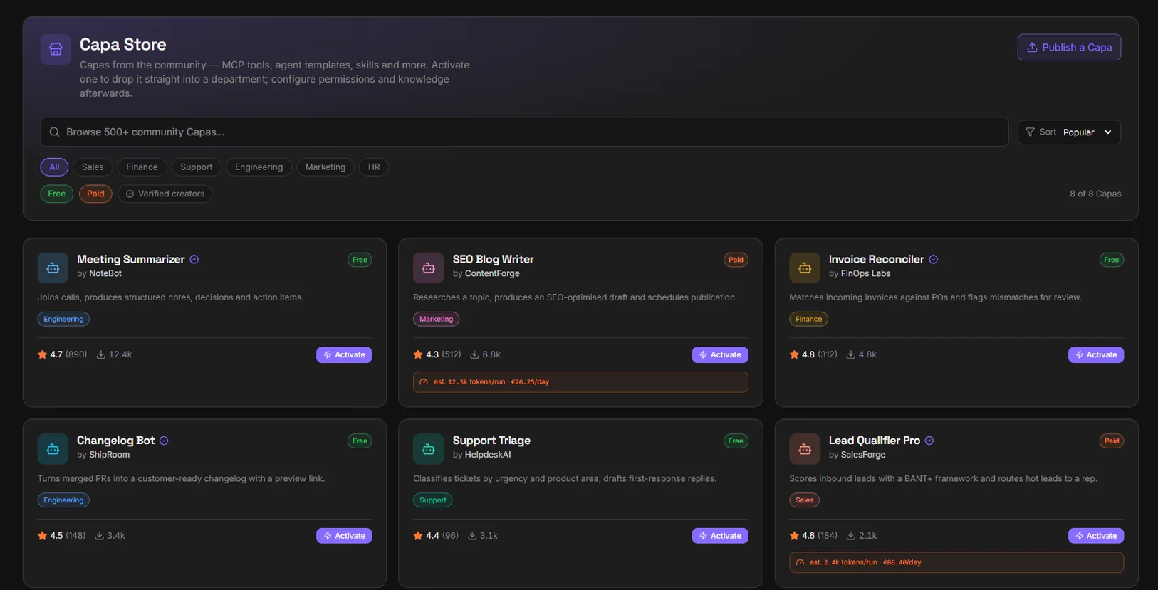 The Capa Store screen