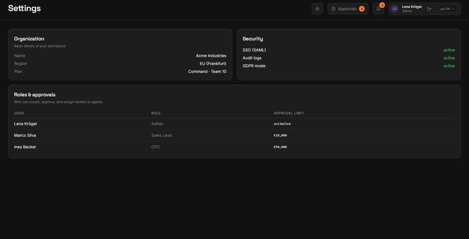 The Settings screen